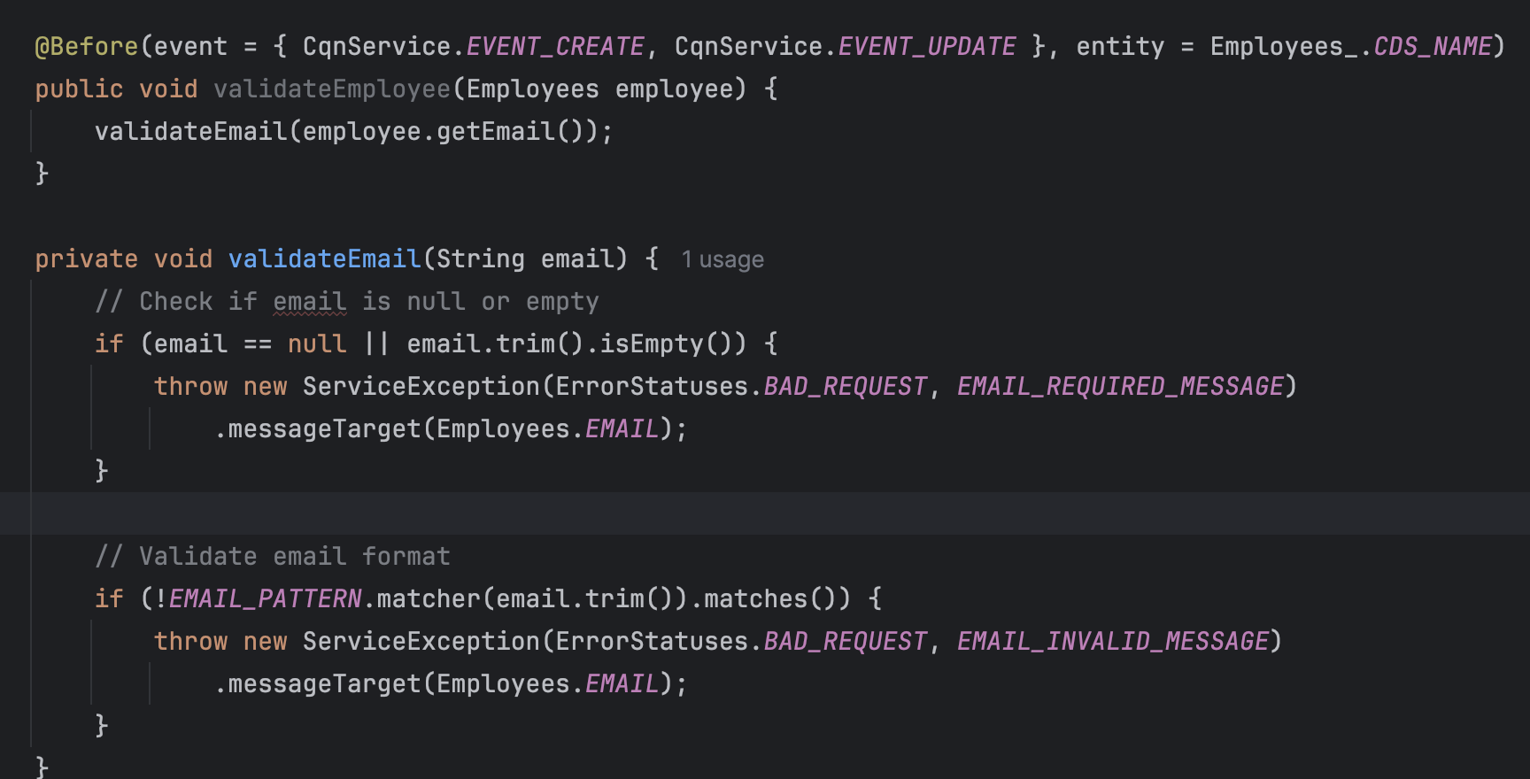 Java validation handler