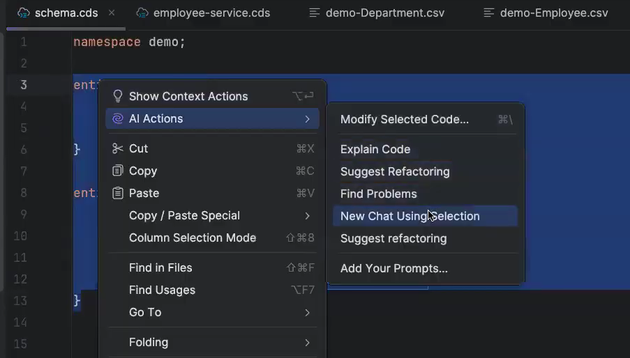 An AI-assisted approach inside IntelliJ to generate sample data based on the CDS schema.