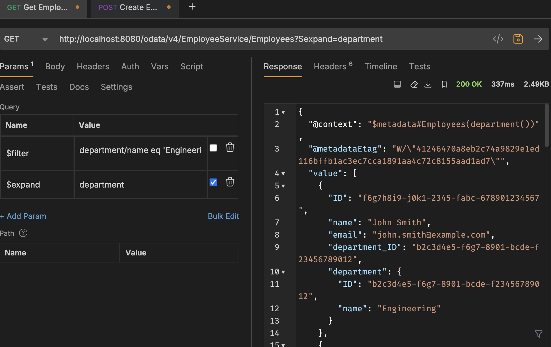 CAP OData queries demonstrating filtering and expansion.